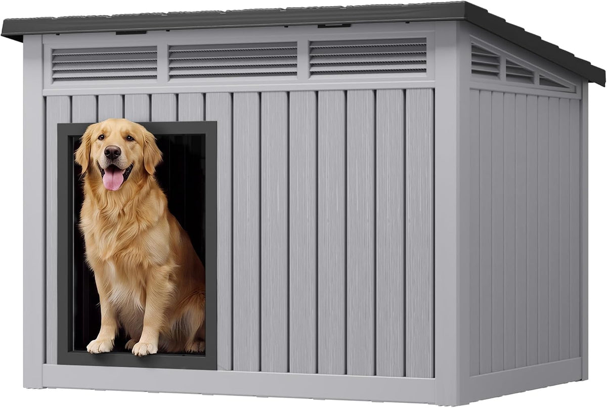 Fancyango Outdoor Dog House for Large Dogs, Outside Dog House with Weatherproof Roof, XL Dog House (Classic Grey, 43" L x 33" W x 32" H)