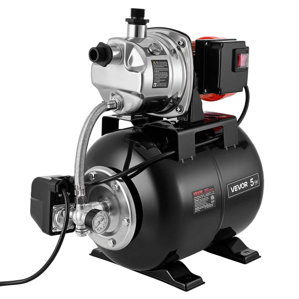 VEVOR 1.6 HP Shallow Well Pump with Pressure Tank, 120V 1320 GPH, Stainless Steel Irrigation Jet Pump with 5-Gal Tank, Automatic Water Booster System, 20/40 PSI Pressure Switch, for Home Garden Lawn
