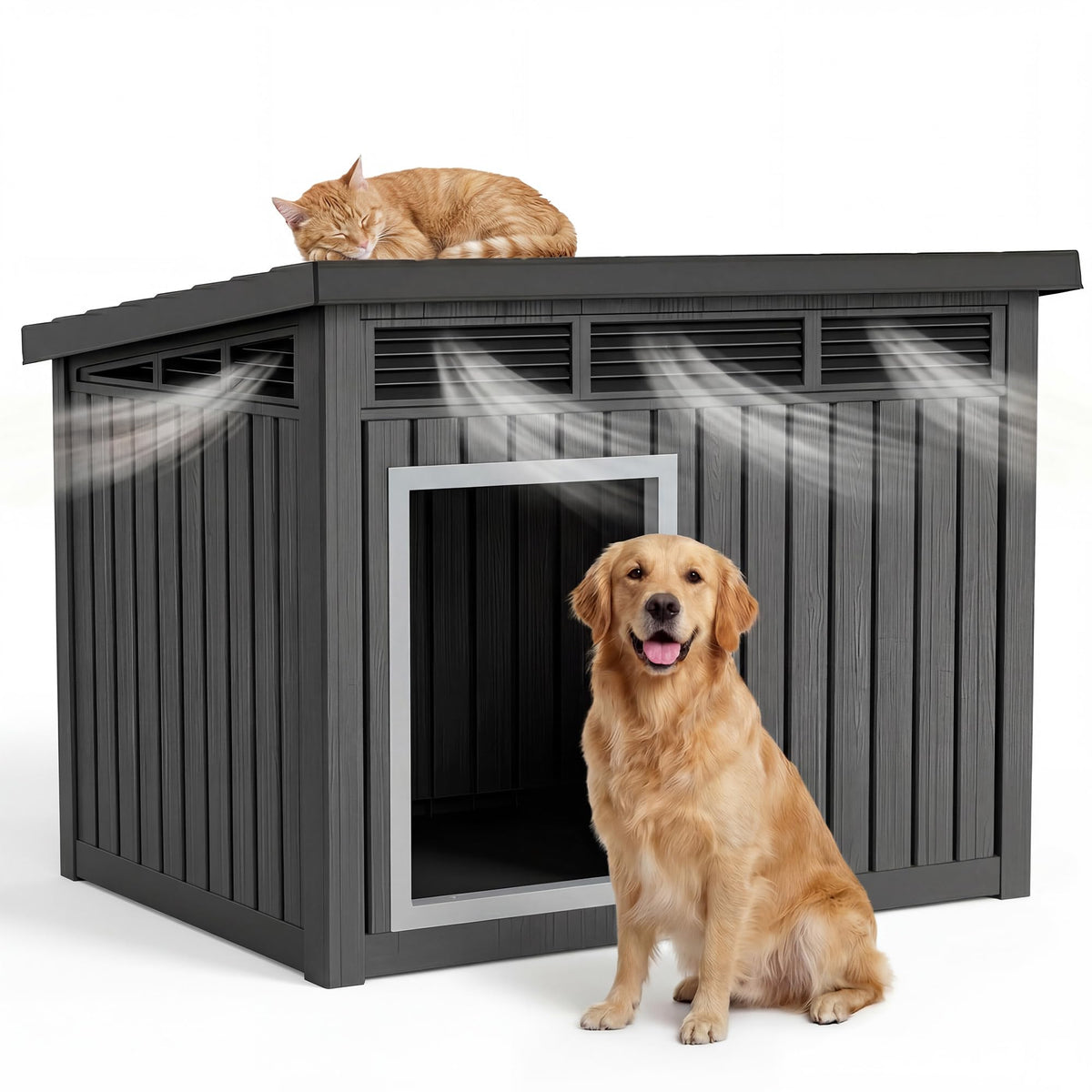 DRATO Large Dog House Outdoor for Indoor with Weatherproof & Removable Roof,Fits Small to Large (Black, 42.87 * 32.95 * 31.61'')