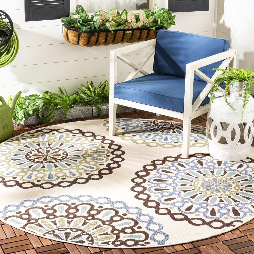 Safavieh Veranda Collection 6'7" x 6'7" Round Cream/Blue VER092 Boho Floral Indoor/Outdoor Non-Shedding Easy Cleaning Patio Backyard Porch Deck Mudroom Area Rug
