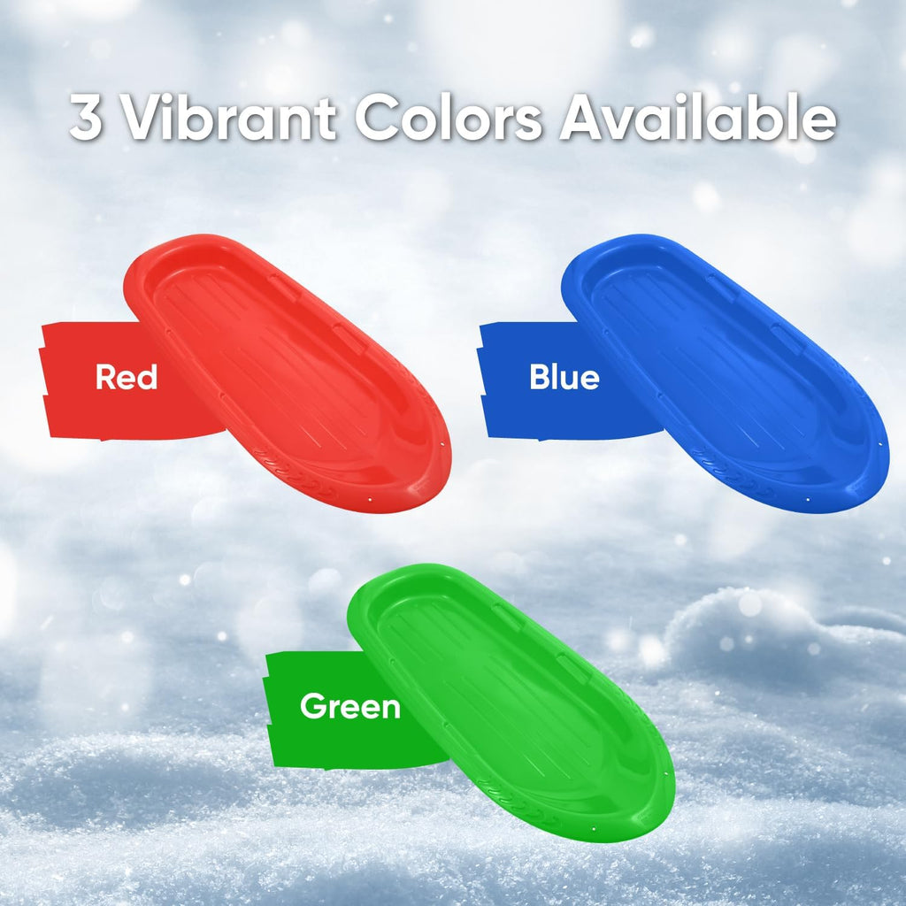 Superio Toboggan Snow Sleds for Kids and Adults, 2 Pack Heavy Duty Plastic Sliders with Handles and Hole for Pull Ropes- Kid and Adult Winter Fun