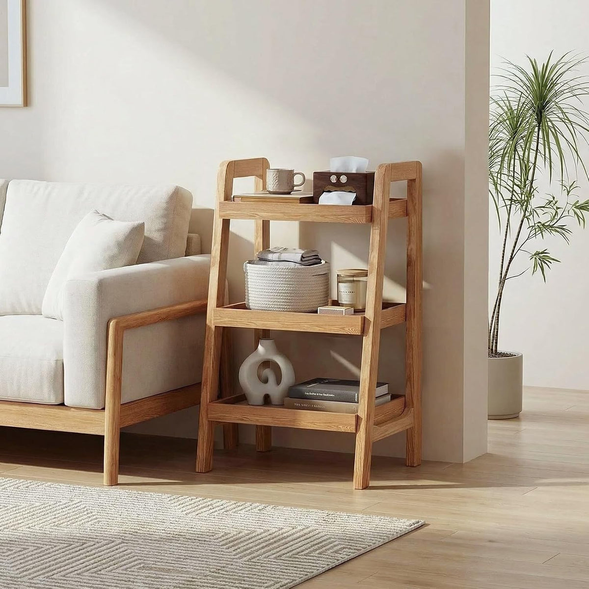 Solid Wood Ladder Shelf, 3 Tier Open Bookcase Storage Shelf