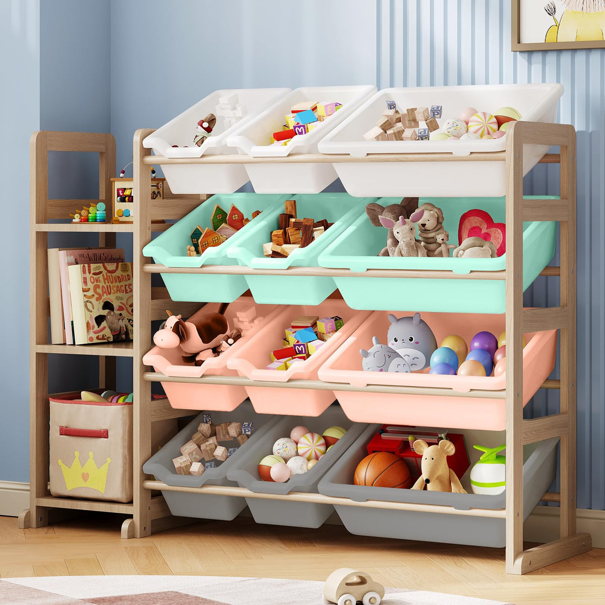 Toy Storage Organizer - Toy Organizers and Storage with Bookshelf, Toy Storage Shelf with 3 Shelves and 12 Storage Bins, Kids Bookshelf and Toy Storage for Kids Room, Playroom, Bedroom, Nursery, White
