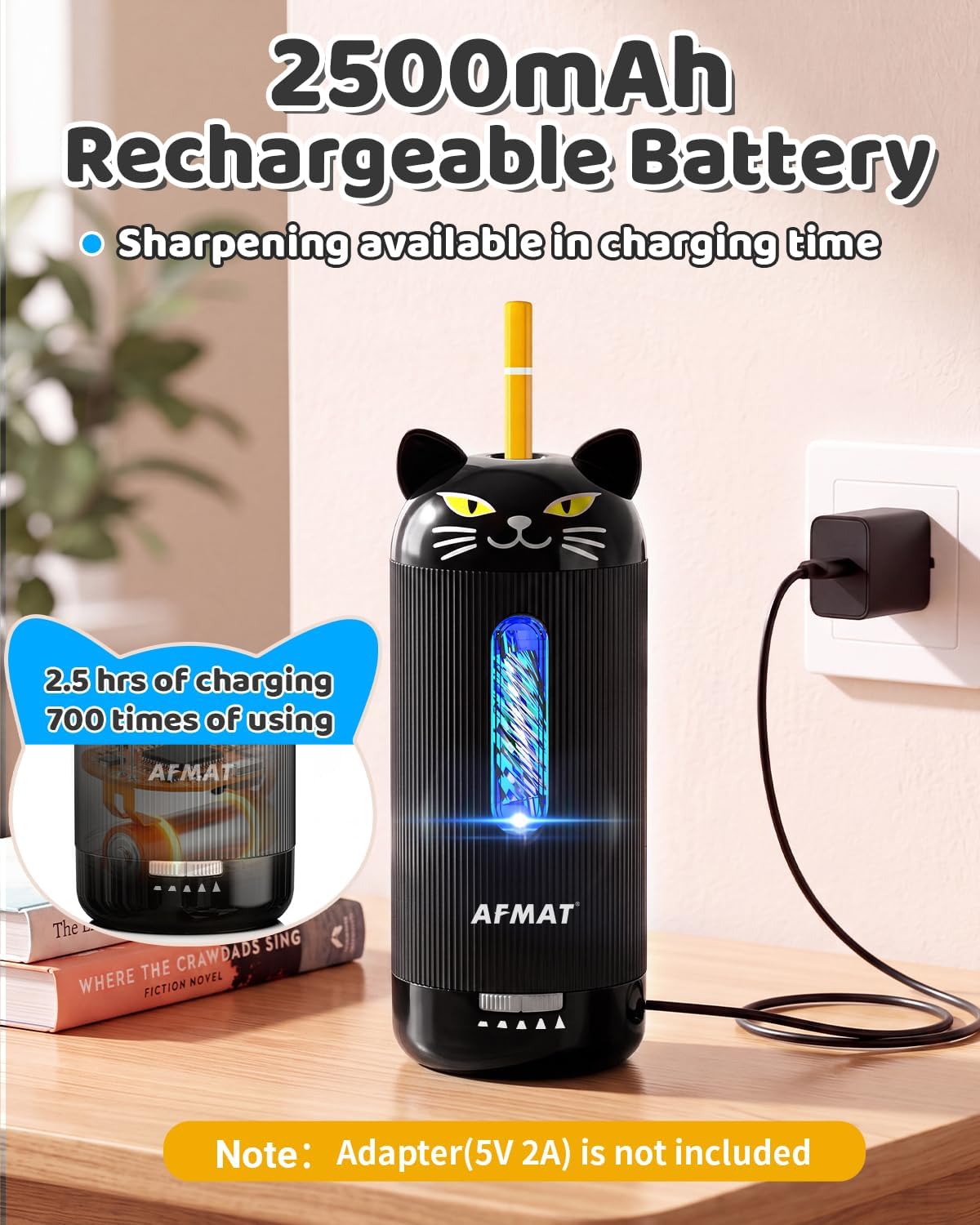AFMAT PSJ2 Electric Pencil Sharpener, Auto in & Out, 5 Nibs, 7K+ Uses, Fully Automatic Classroom Pencil Sharpener, Rechargeable Hands-Free Sharpeners for Jumbo/Colored Pencils (φ6.5-12mm) PSJ2