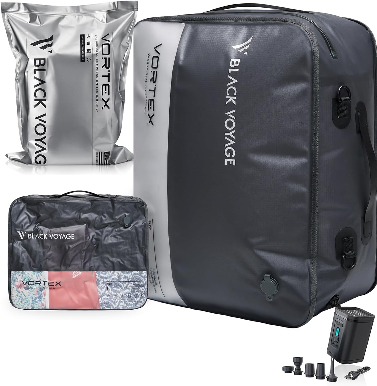 Black Voyage Reusable Vacuum Compression Travel Bag for Carry-On Suitcase and Backpack, Recycled IPX8 Waterproof Space Saver Vacpack (1-Pack, 41L - Pump Included)