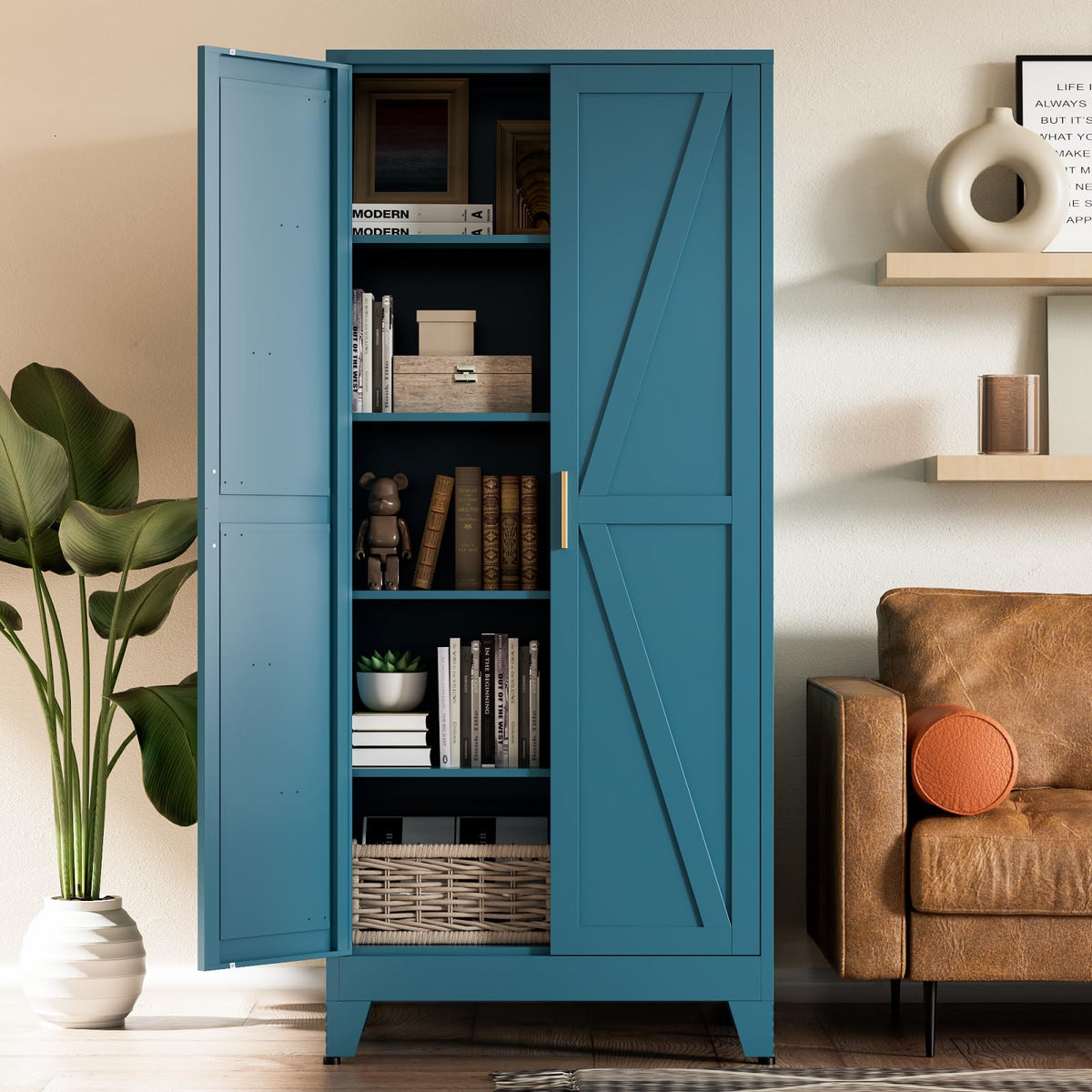 COFaR Black Farmhouse Storage Kitchen Pantry Cabinet with 2 Barn Door, 3 Adjustable Shelves and Legs, for Cupboard/Dining Room/Bathroom/Living Room/Office/Laundry Room (Black, 61" Farmhouse)
