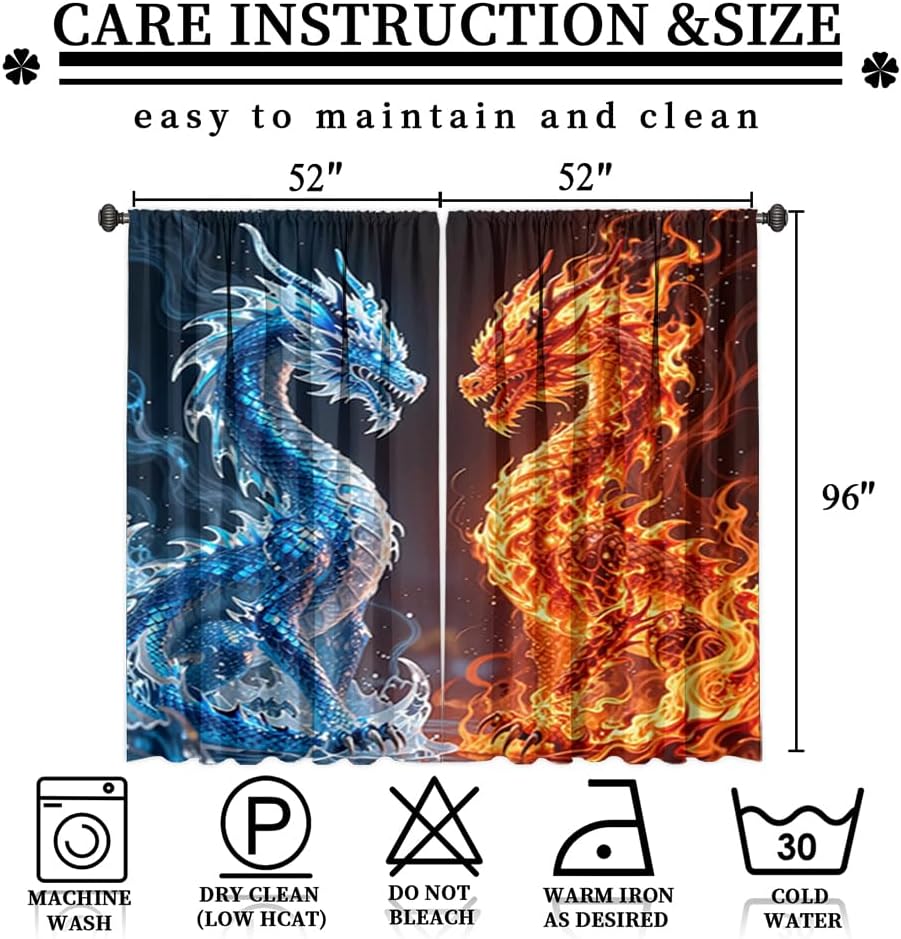 Dreamy Ice Fire Dragon Rod Pocket Curtains-Fantasy Yin Yang Theme Blackout Curtains & Drapes for Bedroom,Mythological Wild Animals Dragon Room Darkening Window Curtain,2pcs,Each 52“W x 96”L