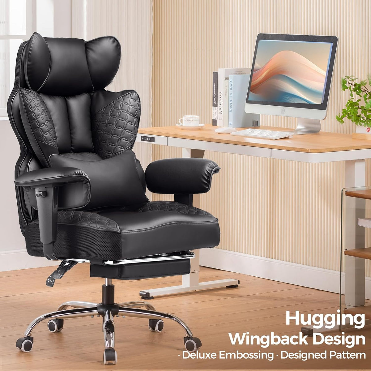 COMHOMA Big and Tall Office Chair Heavy Duty Wide Ergonomic Gaming Chair with Deluxe Embossing Designed Leather with Foot Rest, 145°Reclining Adjustable Armrests Pocket Spring Back Support and Pillow