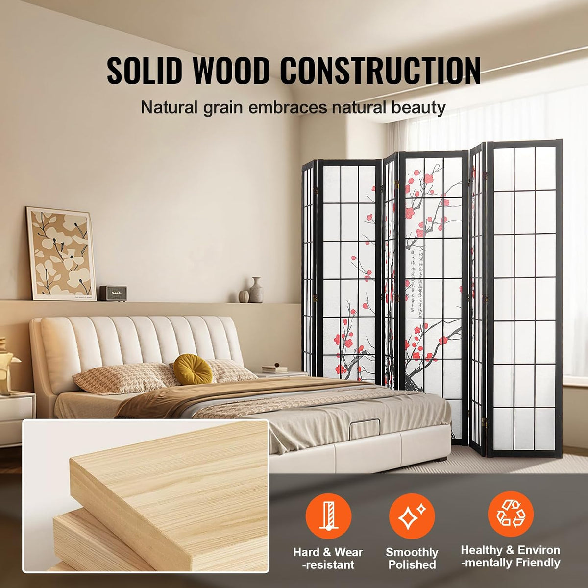 VEVOR Room Divider, 6 Panel Japanese Room Divider Screen, Wood Folding Privacy Screen Indoor, Japanese Partition Portable Decoration Dividers, for Room Separation Home Office Restaurant & Bedroom