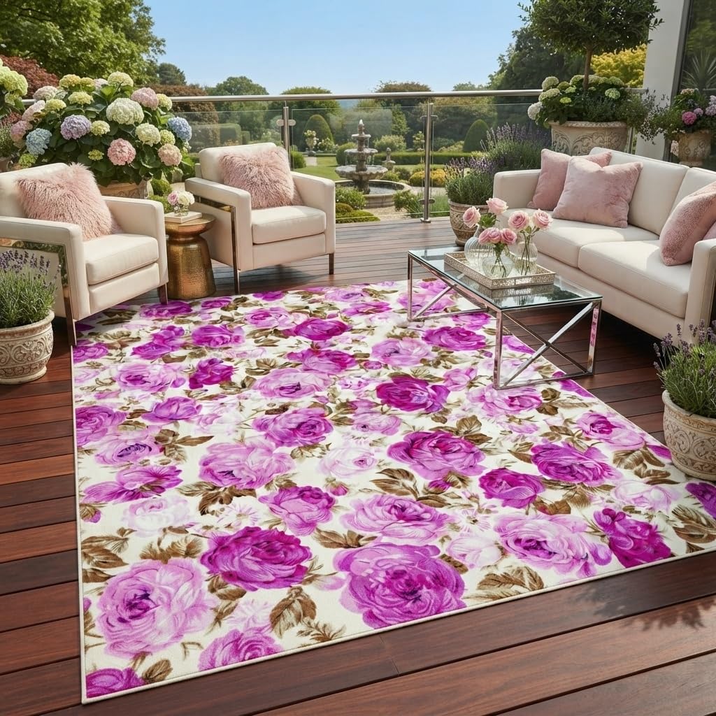 Beautiful Elegant Multicolor Outdoor Rug 7x10 Natural Floral Butterfly Texture Waterproof Thin No Shedding Easy Care Outside Rugs for Patios Deck Pool Garden Balcony Backyard Beach Floor Mat