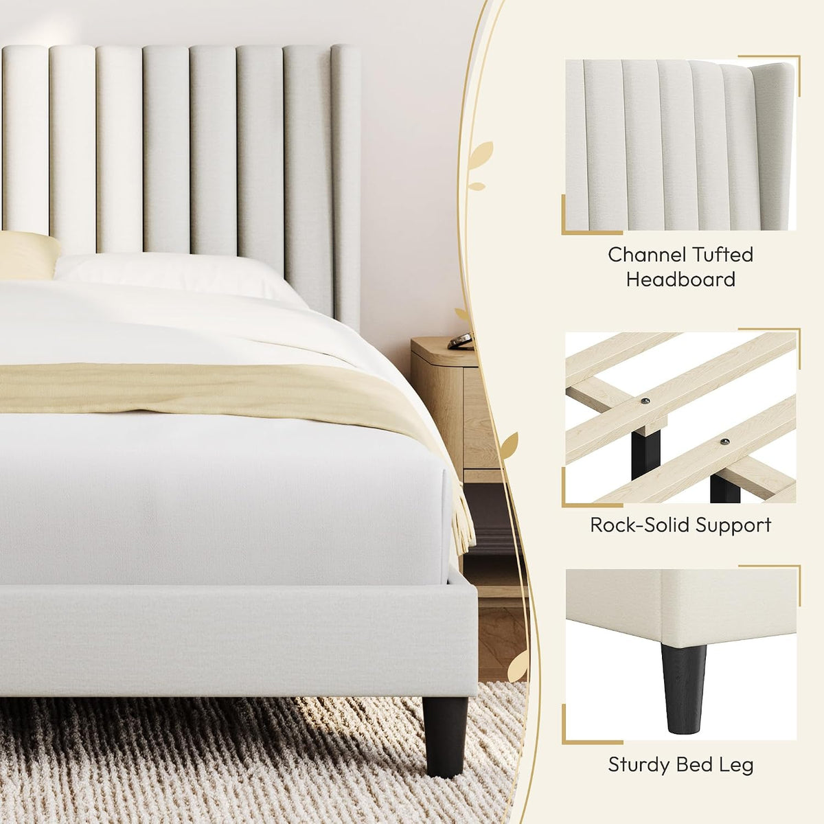 Yaheetech Queen Bed Frame with Headboard, Ivory Channel-Tufted Platform