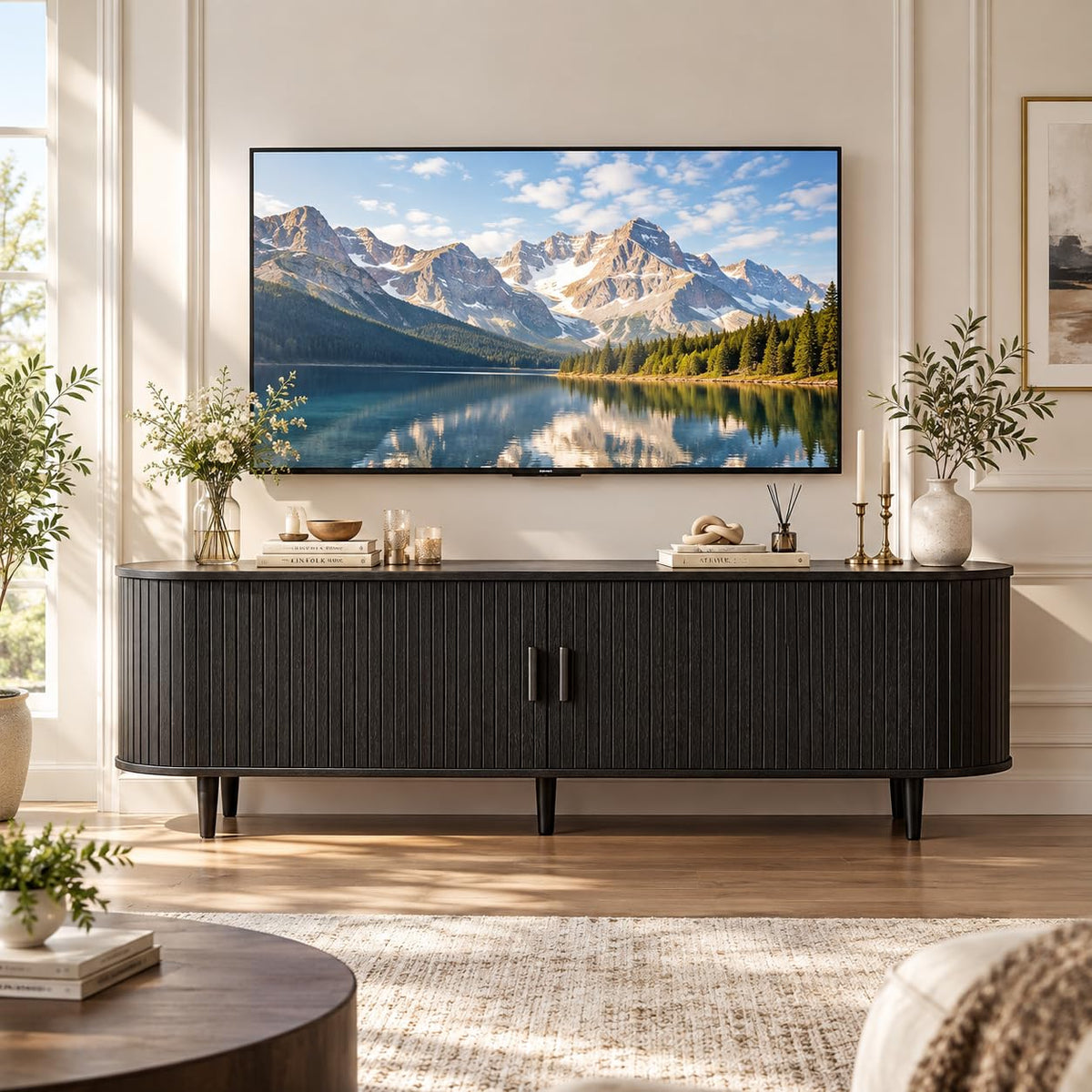 MXV 58" Mid-Century Modern TV Stand with Sliding Doors, TV Consoles with Power Outlet, Fluted Entertainment Center with Adjustable Shelves for Living Room