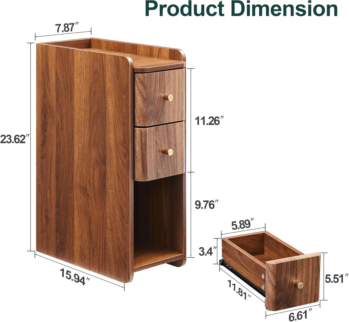 Narrow Nightstand Set of 2, Wooden Small 2 Drawer Nightstand, Slim Side End Table, Skinny Bedside Table, Mid Century Modern Night Stand with Drawers for Bedroom (Walnut-2 pcs)