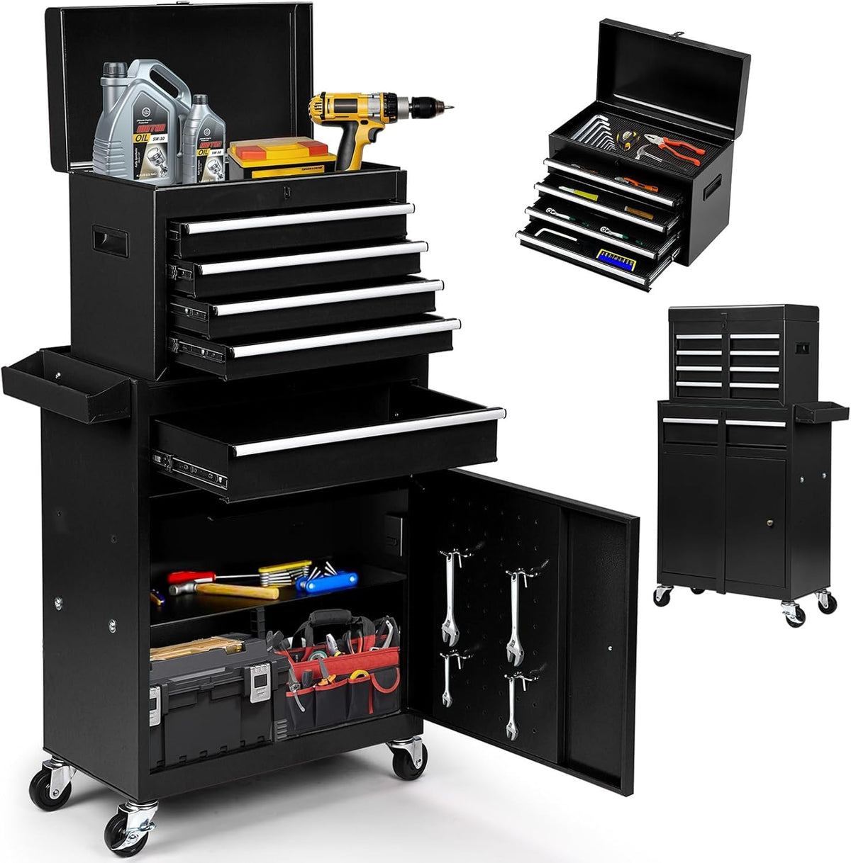 5-Drawer Rolling Tool Box with Lockable Wheels, Tool Chest with Detachable Tool Box, 4 Hooks, and Liner, Heavy-Duty Metal Tool Cart for Garage and Workshop Storage, Black