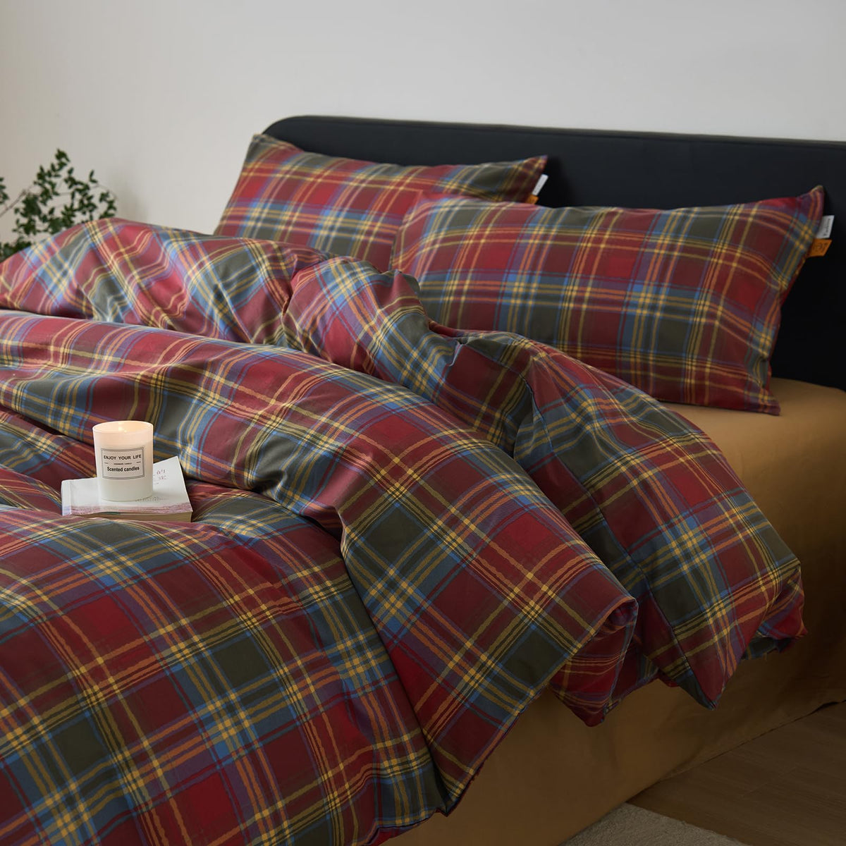 EAVD Vintage Buffalo Plaid Duvet Cover Queen Red&Black&Green Muslin Cotton