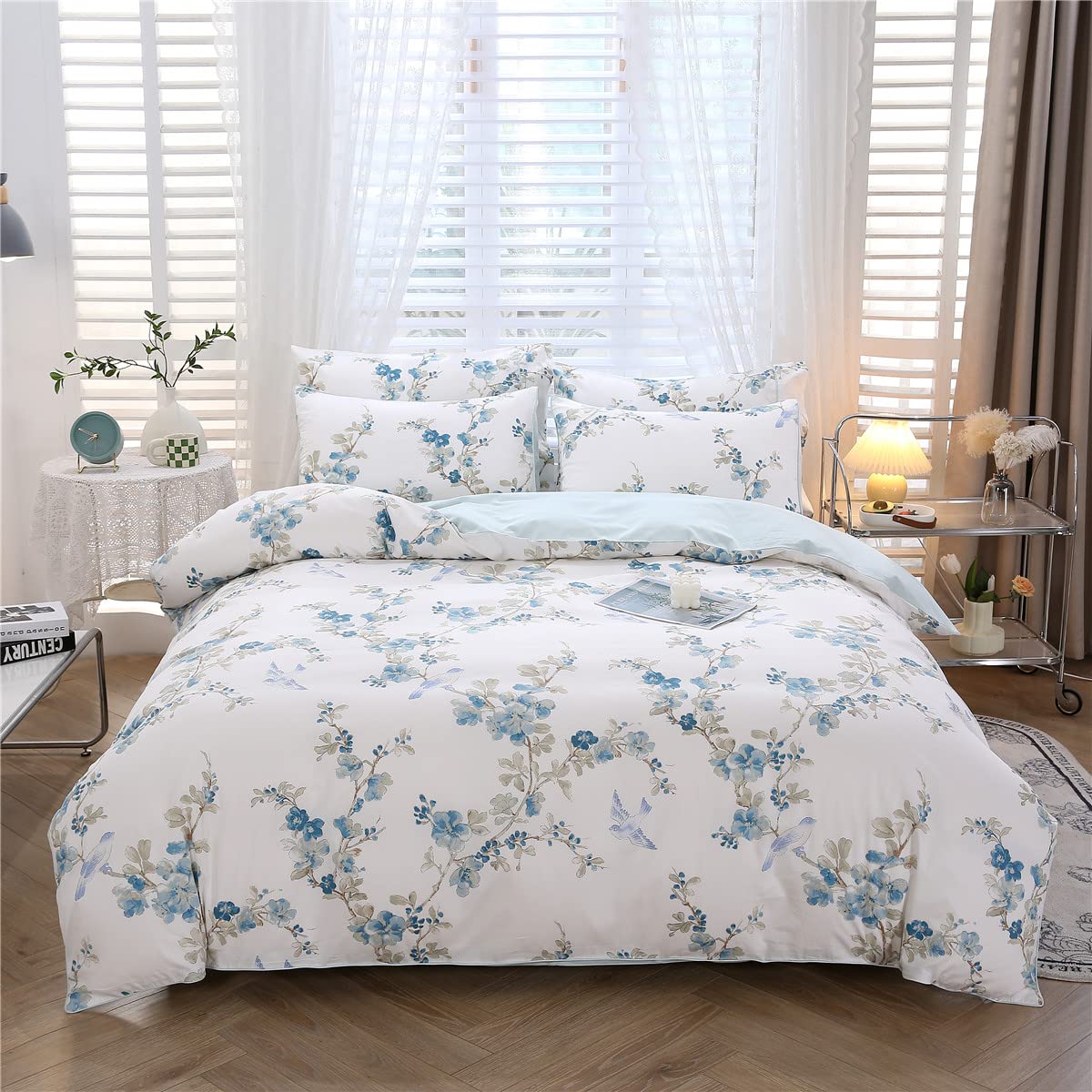 URBONUR 100% Cotton Floral Queen Duvet Cover Set 3-Pieces Botanical Bedding