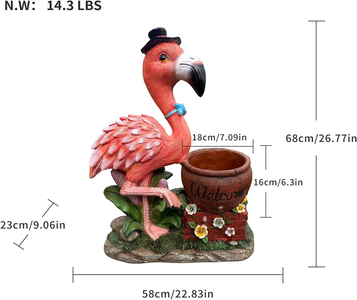 26" Outdoor Garden Sculpture Flamingo Flower Pot Planter with Solar LED Lights, Cute Resin Succulent Pot for Garden, Porch & Home Decor (Pink+Left)