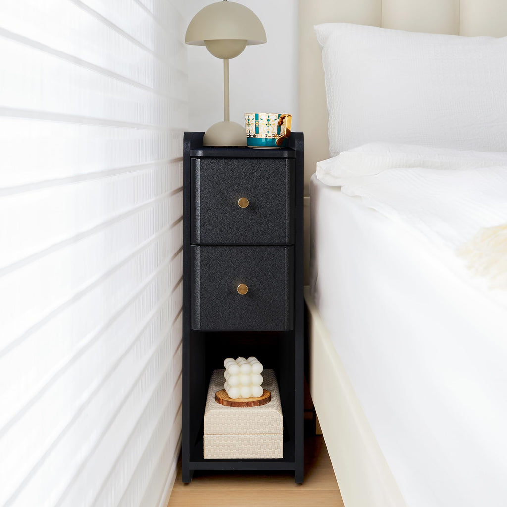 Narrow Nightstand Set of 2, Wooden Small 2 Drawer Nightstand, Slim Side End Table, Skinny Bedside Table, Mid Century Modern Night Stand with Drawers for Bedroom (Walnut-2 pcs)