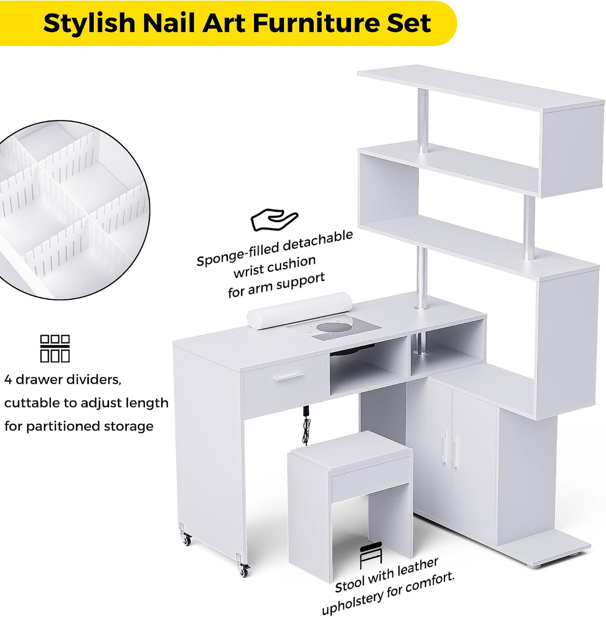 Kikihouse Manicure Table with Dust Collector, L-Shaped Nail Desk with Stool