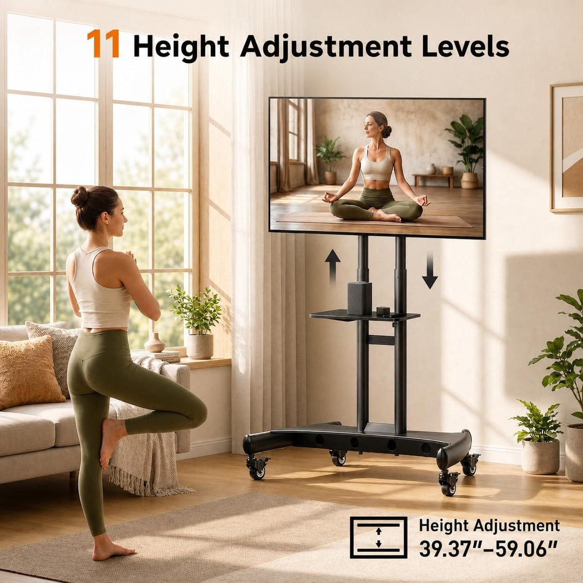 Perlegear Rolling TV Stand for 32-84 Inch TV, Mobile TV Cart up to 100lbs, Adjustable Height Outdoor TV Cart with Heavy-Duty Base, VESA 600x400mm, Portable TV Stand on Wheels for Livingroom PGTVMC05-1