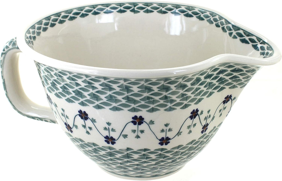 Blue Rose Polish Pottery - Red Daisy Batter Bowl - 10 Cup Capacity - Hand-Painted Ceramic Mixing & Pouring Bowl with Handle and Spout