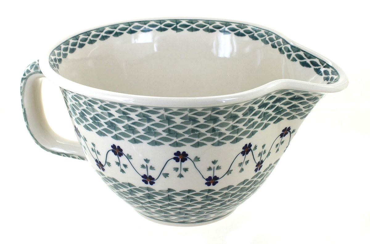 Blue Rose Polish Pottery - Red Daisy Batter Bowl - 10 Cup Capacity - Hand-Painted Ceramic Mixing & Pouring Bowl with Handle and Spout