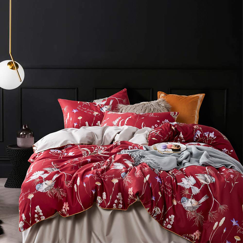 mixinni Garden Style Cotton Flowers and Birds Pattern Printed Duvet Cover Reversible Design Peacock Blue 3 Piece Bedding Duvet Set with Zipper Closure, Perfect for Him and Her-Queen Size