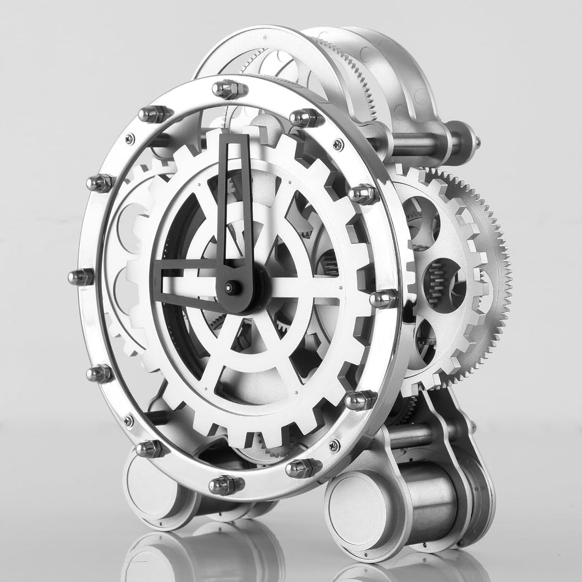 Modern Industrial Gear Desk Clock, 10.6-Inch Silver Metal, Decorative Mechanical Design with Moving Gears, for Living Room and Office Decor (Silver Gear Rotating Clock)