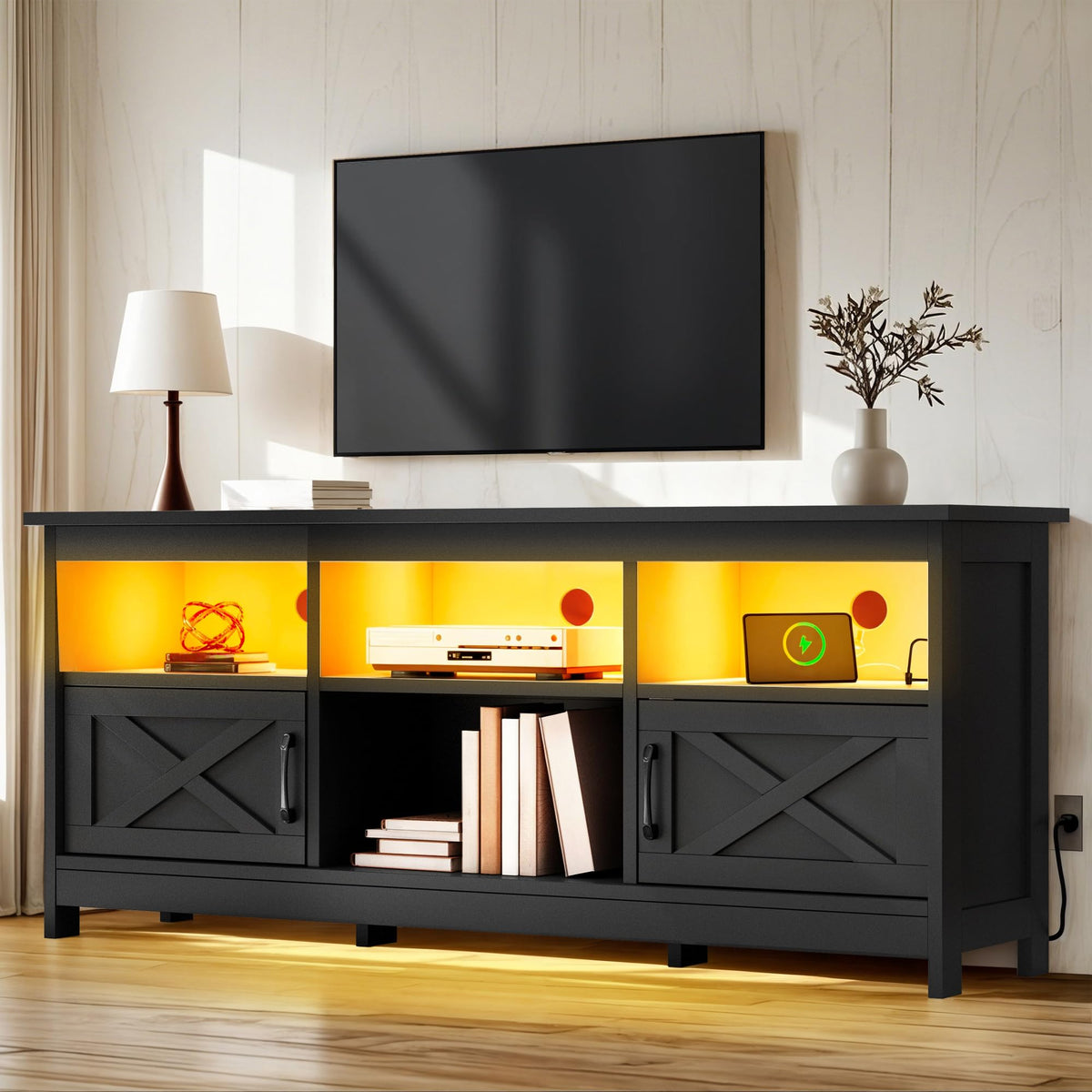 YITAHOME 59" TV Stand with Power Outlet & LED Light for 65 Inch TVs, Black