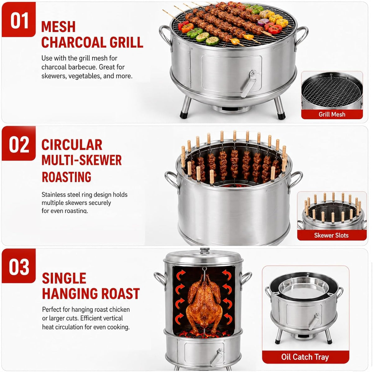 Vertical Smoker Grill Combo 36.6in Stainless Steel Charcoal Meat Smoker with Built-in Thermometer Full Accessories for Outdoor BBQ Camping
