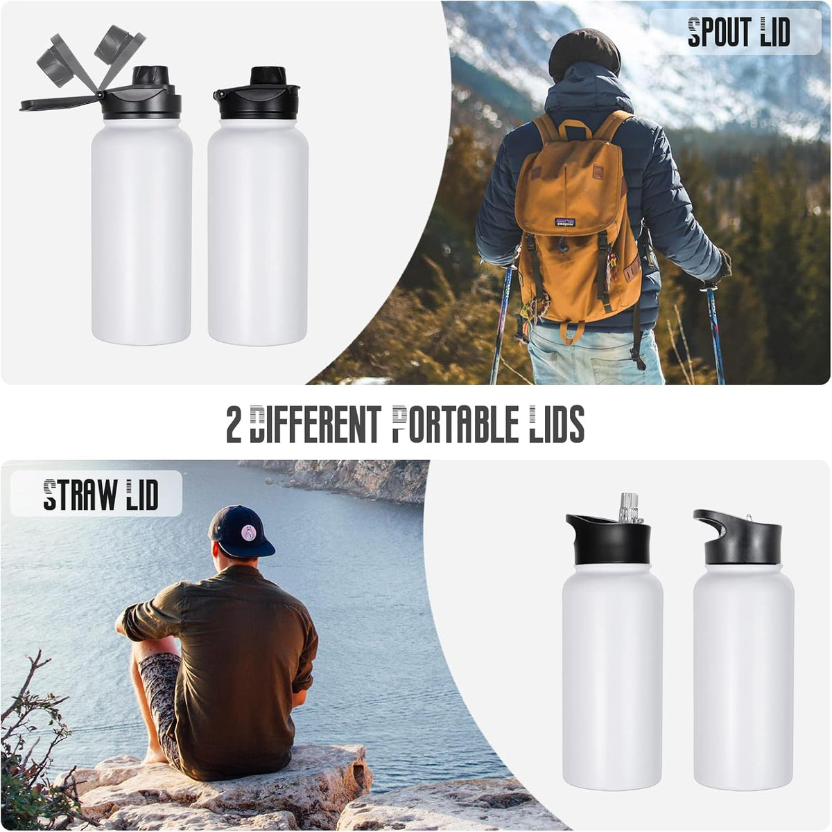 32 oz Insulated Water Bottle Bulk 8 Pack, Stainless Steel Sports Water Bottles with Straw Lid & Wide Mouth Lids, Double Walled Vacuum, Leak Proof, White