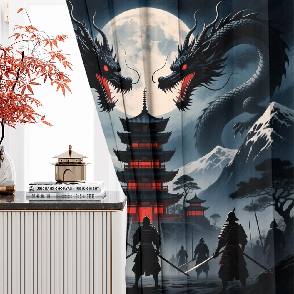 Traditional Ukiyoe Wildlife Dragon Curtains-Dreamy Ancient Japan Architecture Rod Pocket Back Tab Window Drapes,Japanese Samurai Thermal Insulated Blackout Curtain,2pcs,Each 52“W x 96”L