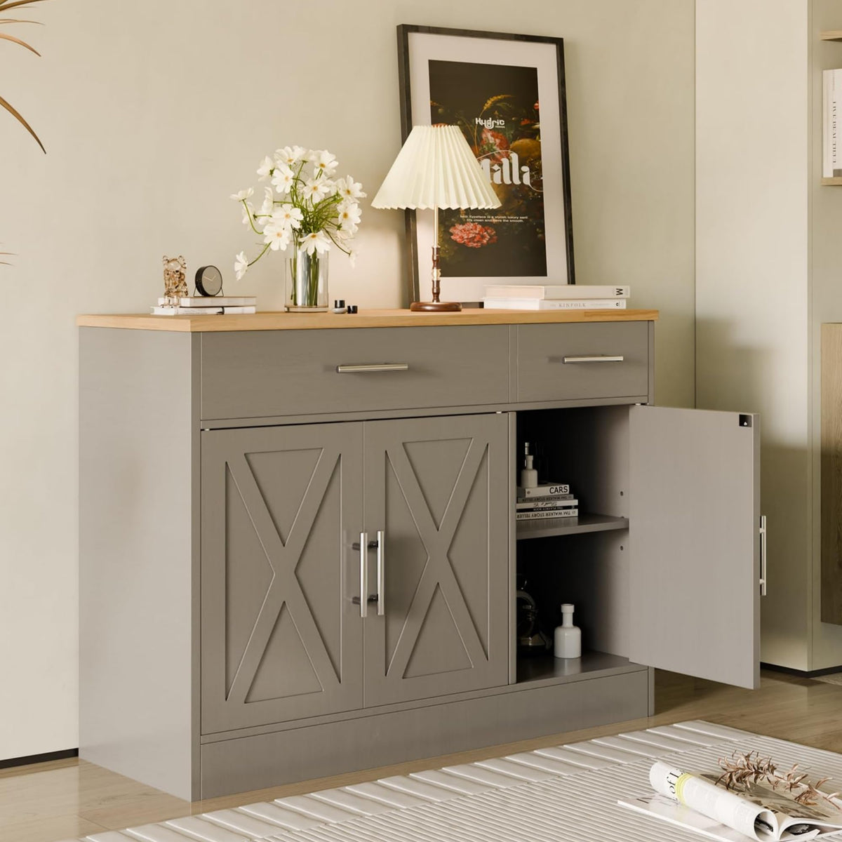 SUNLEI Coffee Bar Cabinet with Storage, Farmhouse Buffet Cabinet with 4 Doors & Adjustable Shelves, Kitchen Sideboard Cabinet for Coffee Station, Dining Room, Living Room & Home, White