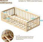 EXPERLAM Twin Montessori Floor Bed with High Guardrails and 2 Door Latch, Solid Wood Toddler Bed Frame with 10 Slats and Supporting keel, Low-to-Floor for Crib-to-Bed Transition, Natural