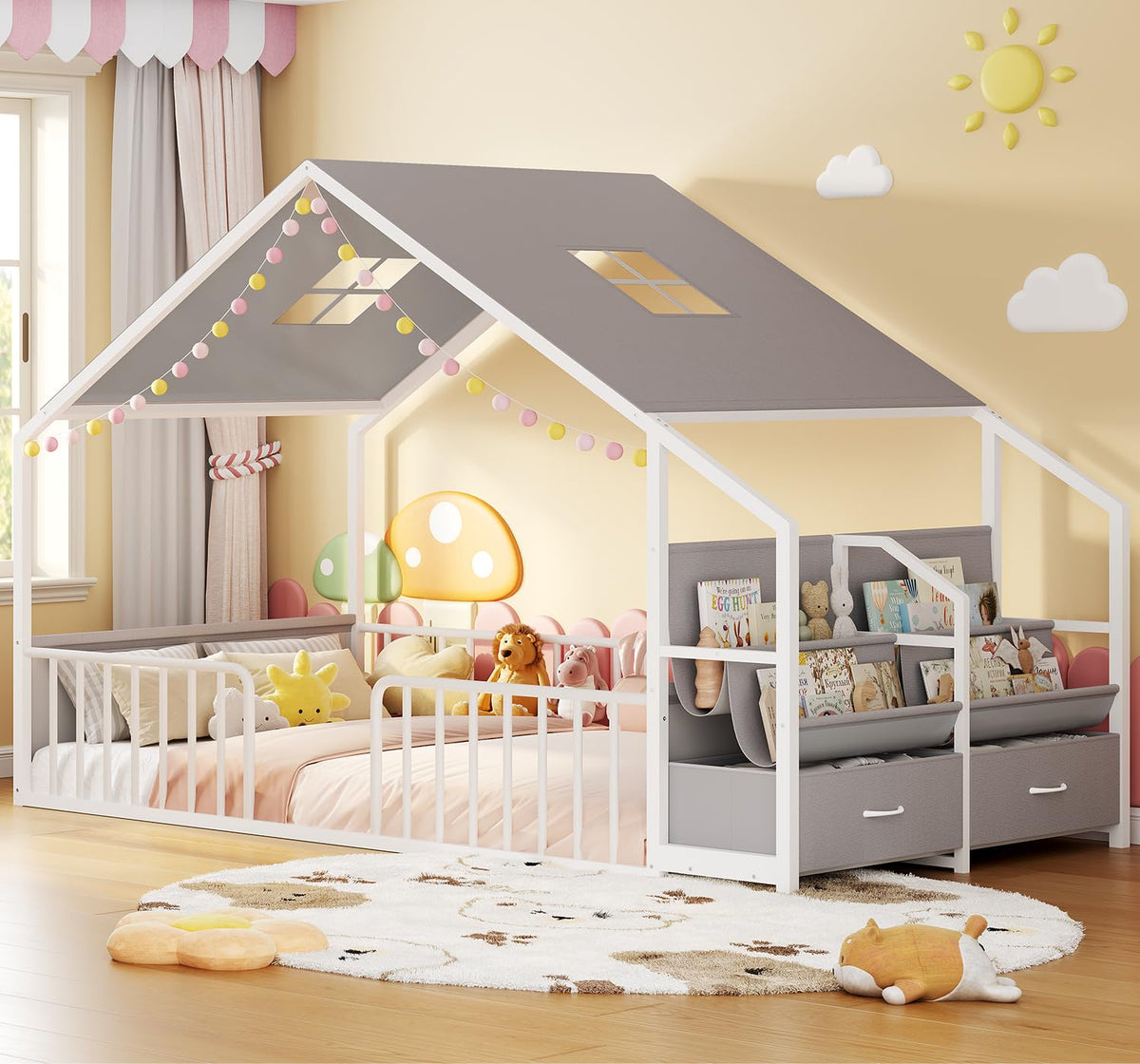 Montessori Full Size Floor Bed, Safety Guardrails, Reading Nook, Pink