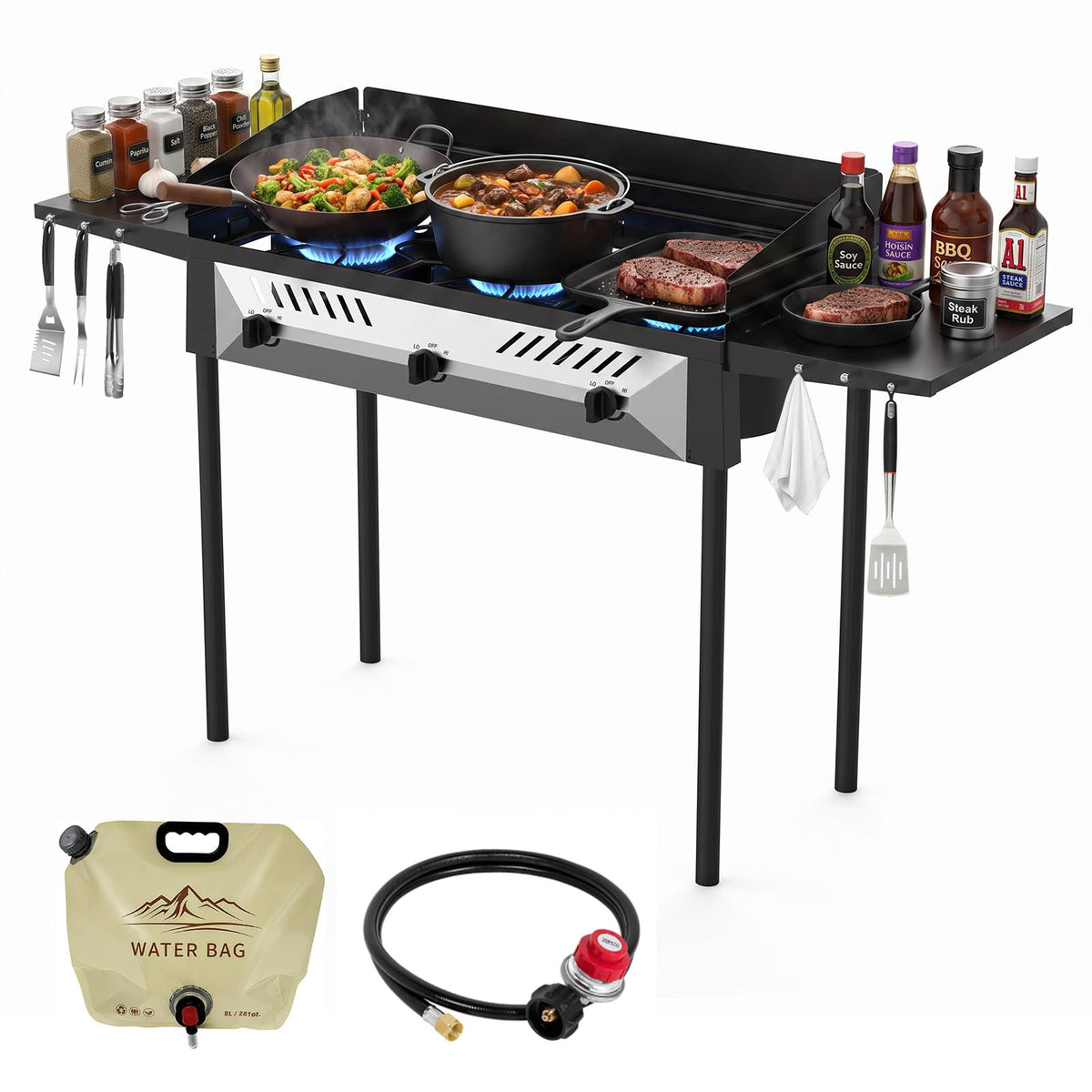 BESTFIRE 2 Burner Camping Stove,150,000 BTU High Pressure Outdoor Propane,4ft 20 PSI Adjustable Regulator Hose With Removable Legs for Backyard Cooking Camping Home