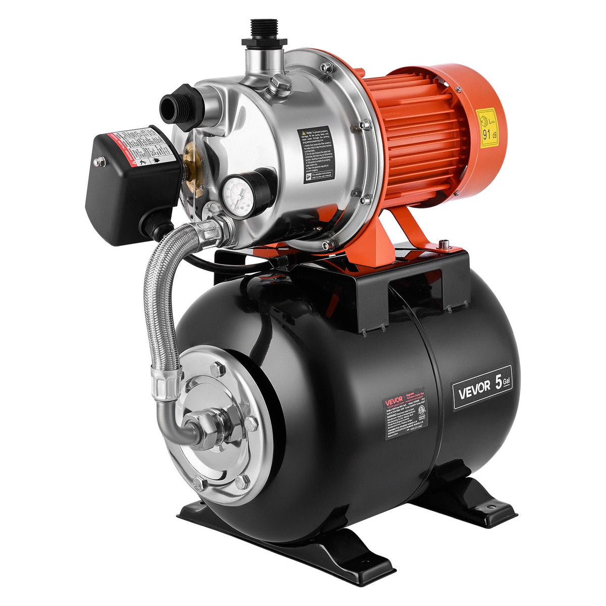 VEVOR 1.6 HP Shallow Well Pump with Pressure Tank, 120V 1320 GPH, Stainless Steel Irrigation Jet Pump with 5-Gal Tank, Automatic Water Booster System, 20/40 PSI Pressure Switch, for Home Garden Lawn