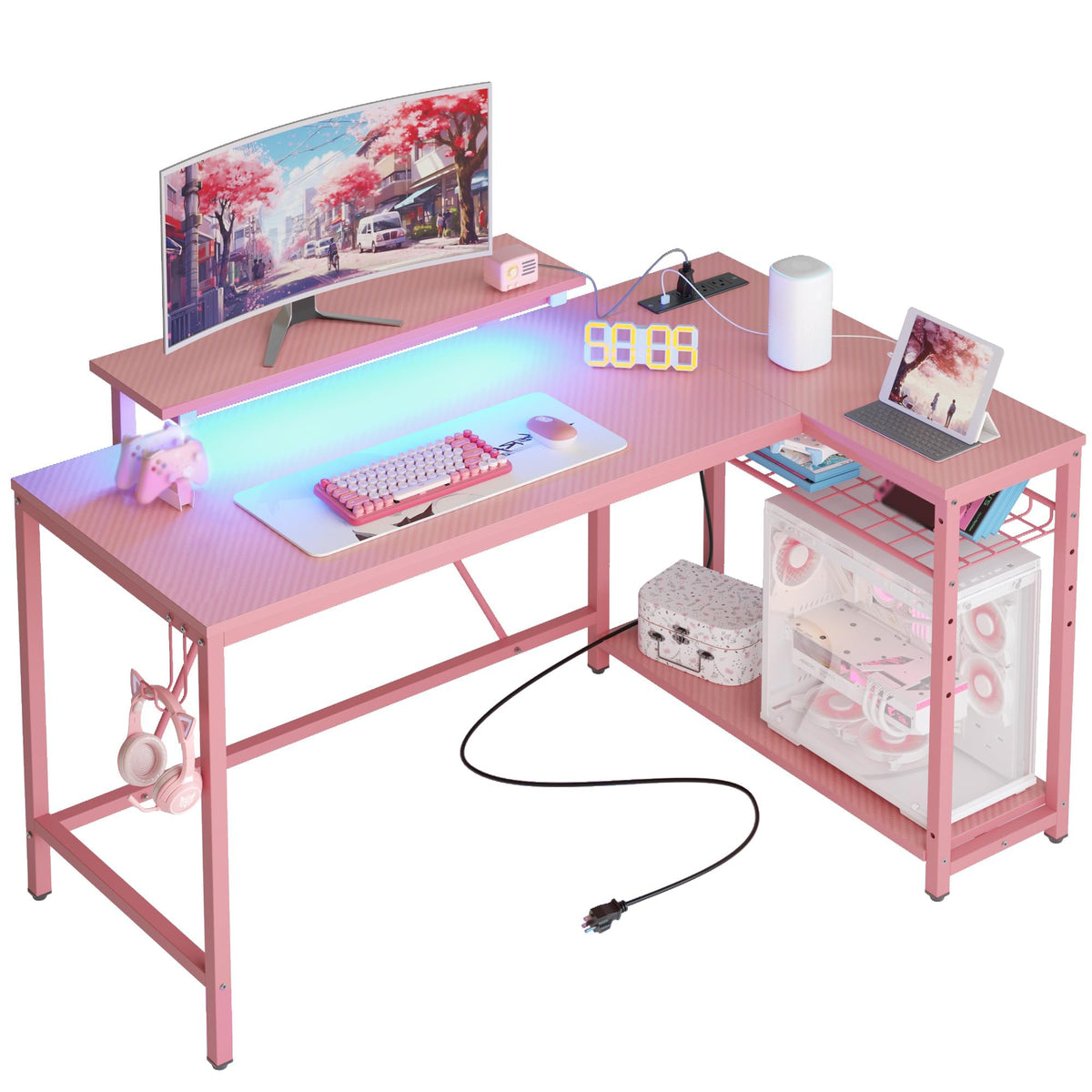 Bestier 42-Inch Pink L-Shaped Gaming Desk with Charging & LED