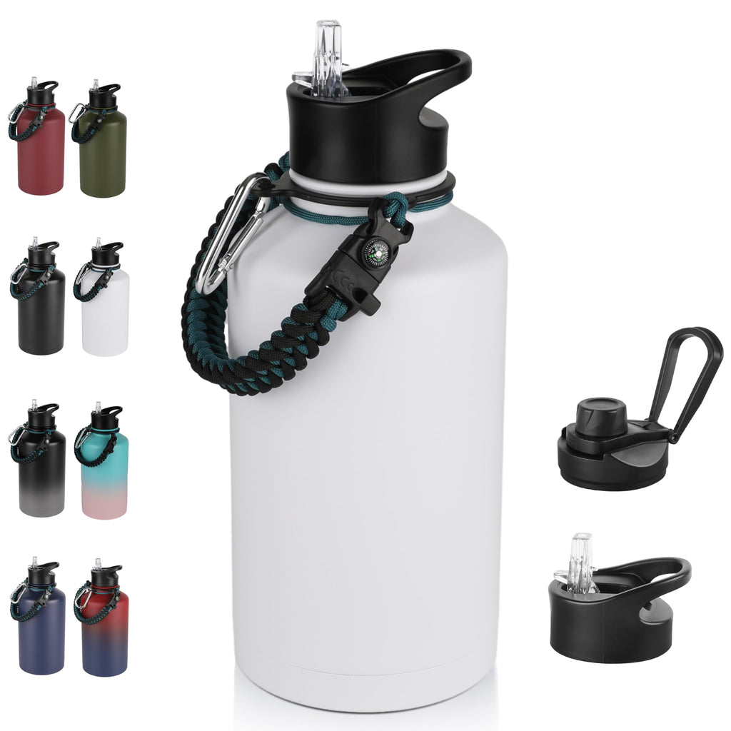 32 oz Insulated Water Bottle Bulk 8 Pack, Stainless Steel Sports Water Bottles with Straw Lid & Wide Mouth Lids, Double Walled Vacuum, Leak Proof, White