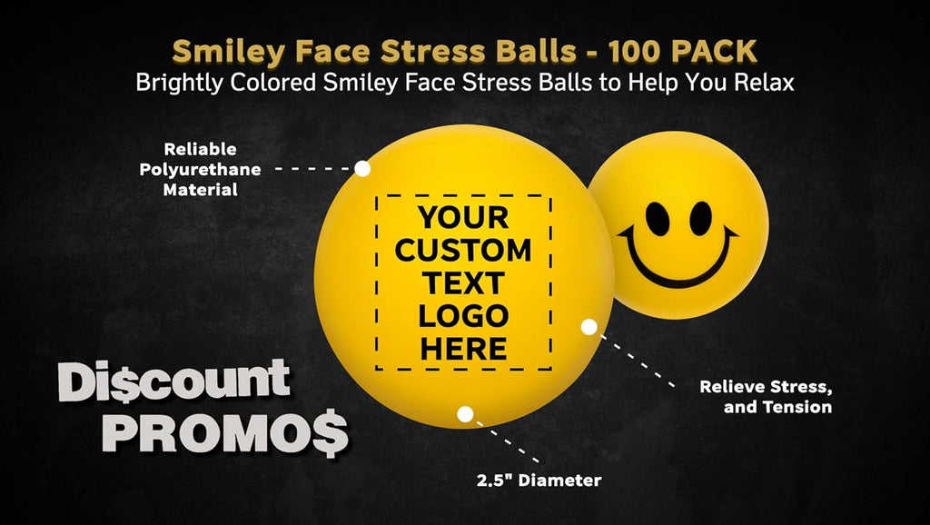 DISCOUNT PROMOS Custom Smiley Squeeze Balls Set of 100, Personalized Bulk Pack - Perfect for Promotional Giveaways - Yellow