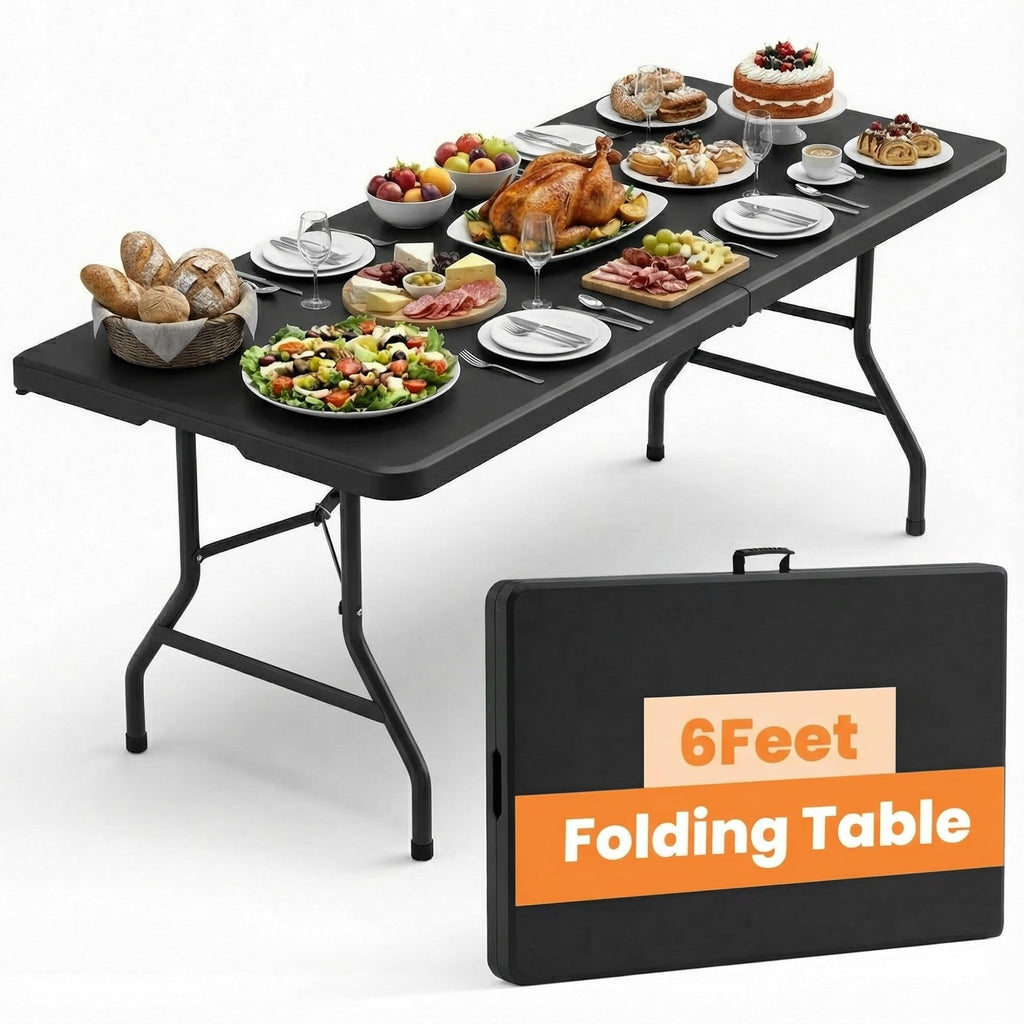 2 Pack Folding Tables 6FT Plastic Utility Foldable Tables, Black