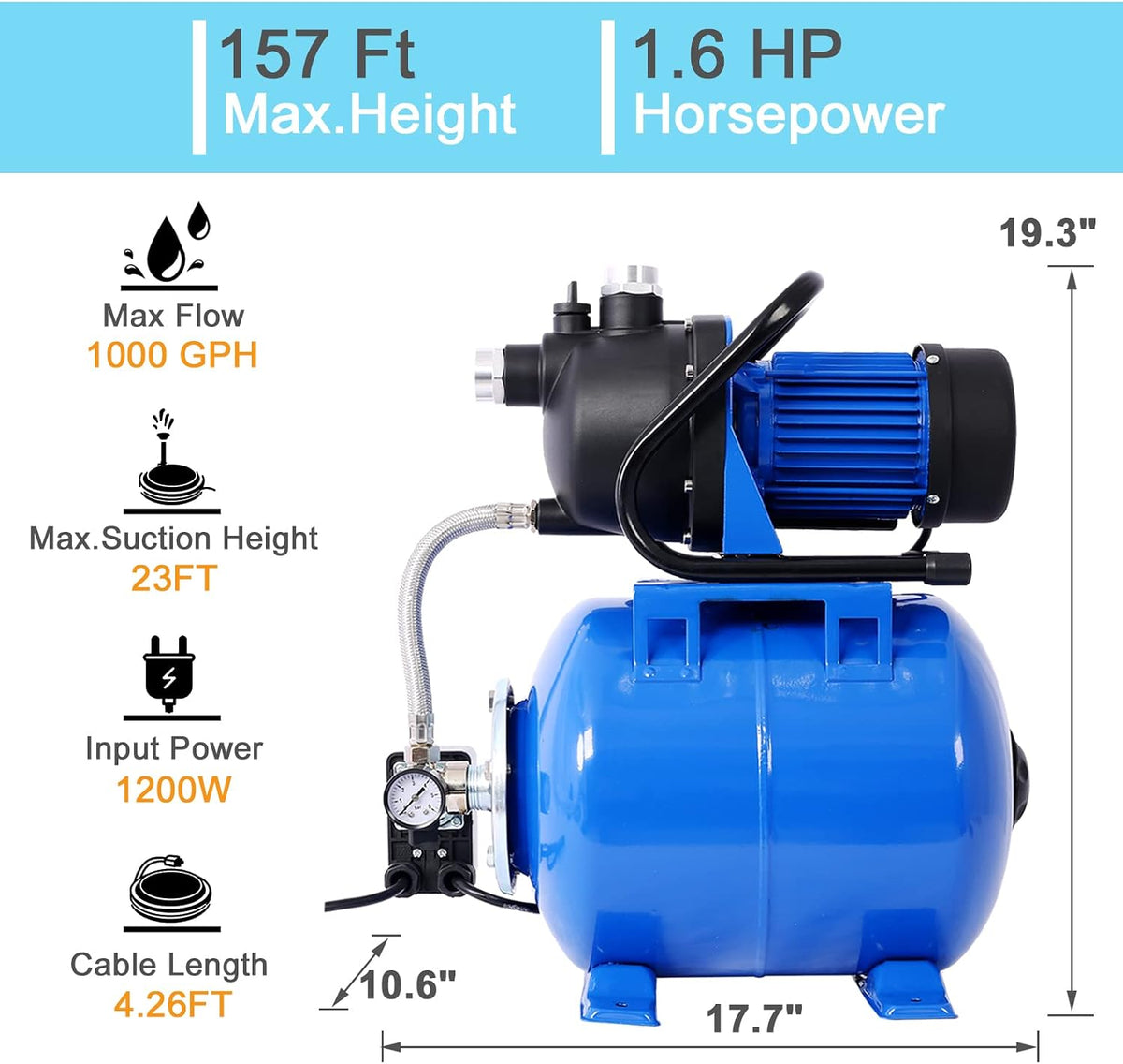 1.6 HP Shallow Well Pump with Pressure Tank, 110V Garden Water Pump, 1000GPH,Stainless Steel, Automatic Water Booster Jet Pump with for Home, Garden, Lawn, Irrigation