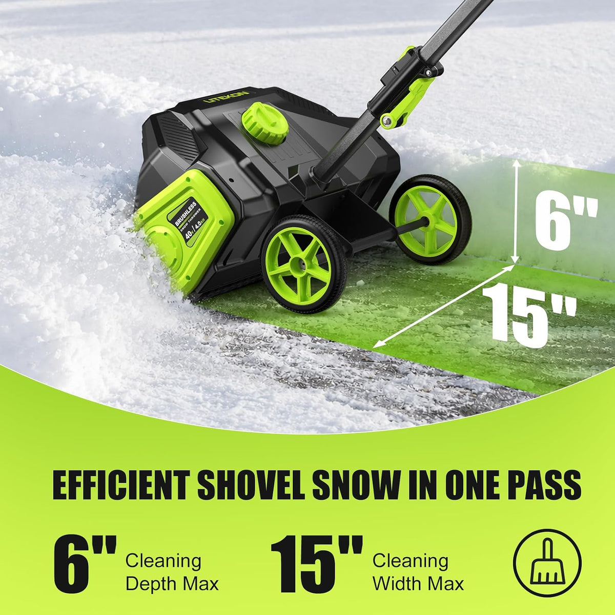 Litekon 40V Brushless Cordless Snow Shovel, 15-Inch Electric Snow Blower with 2X 4.0Ah Batteries & Charger, Battery-Powered Snow Removal with 30FT Throw Distance for Patio, Deck, Driveway,Green