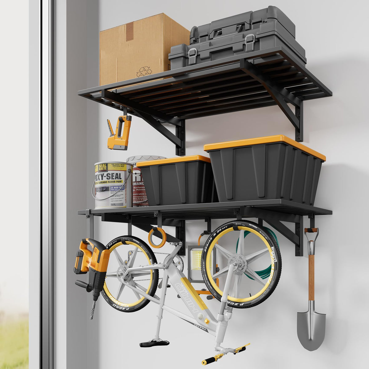 Jusgym 4 Pack Garage Shelving Wall Mounted with 16 Hooks, 1.5x4ft, 1000lbs