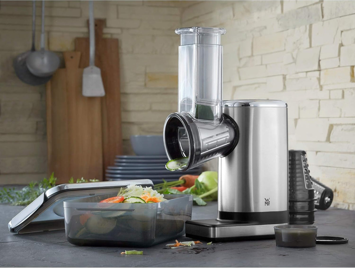 WMF Kitchenminis Salad-To-Go Electric Grater with Accessories, 150 W, Cromargan, 2 Speed, Black/Silver