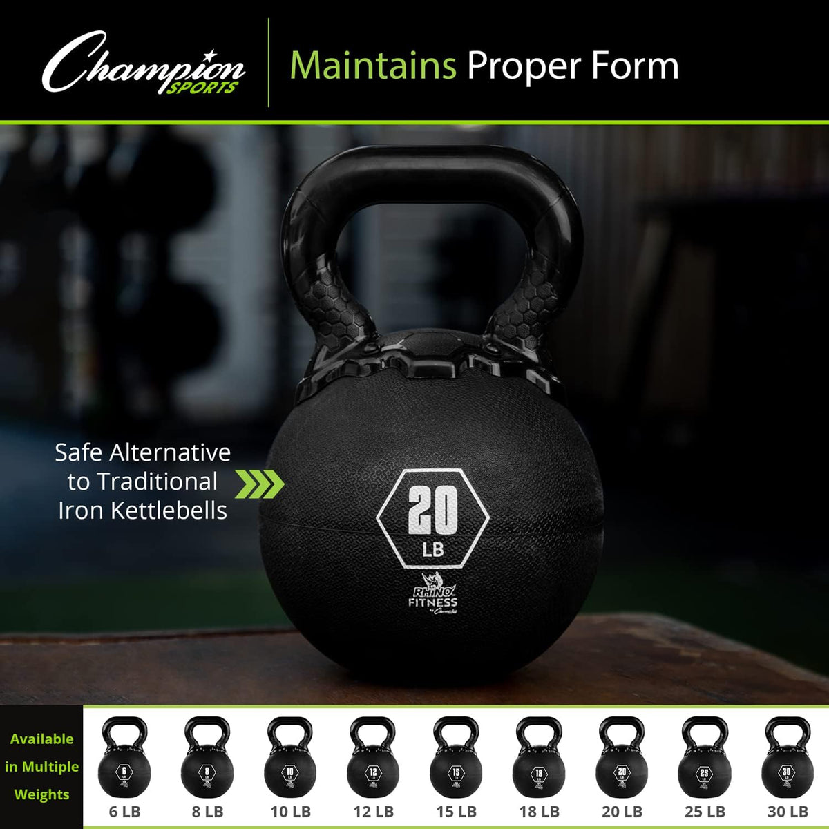 Champion Sports Rhino Kettlebell Rubber Weights, Black - Premium Strength Training Equipment - Multiple Weights