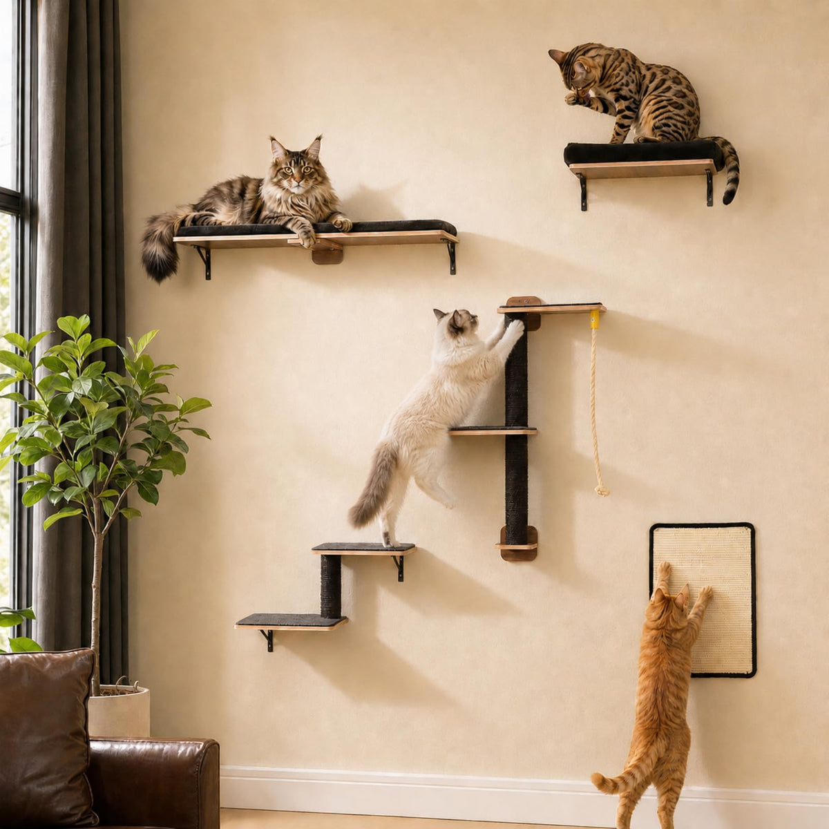 PAWZ Road Cat Wall Shelves, Modern Cat Wall Furniture with Sisal Posts