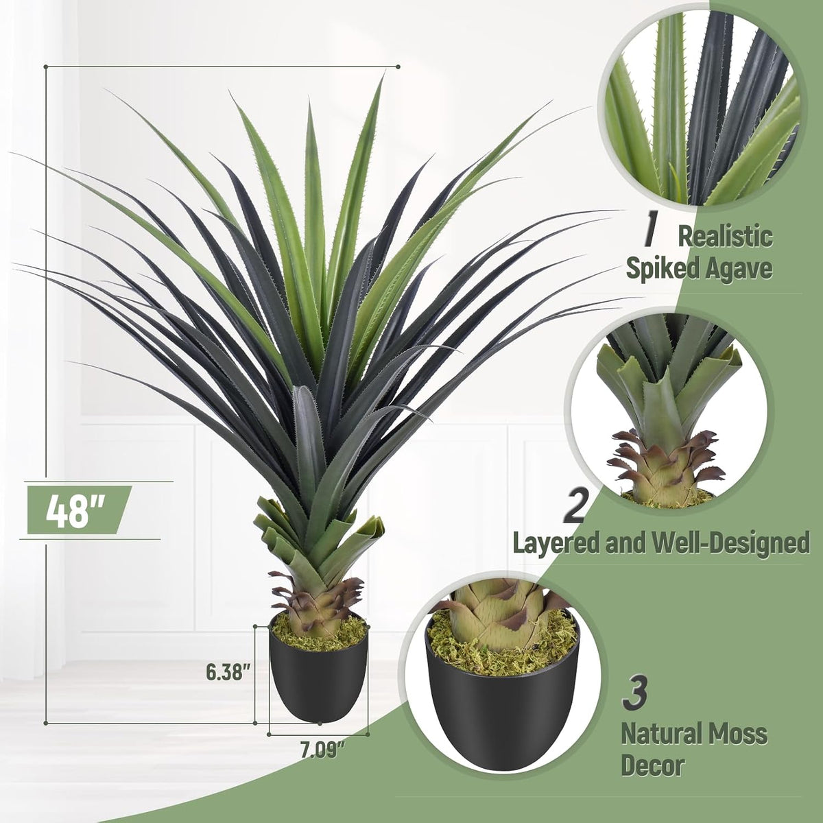 4ft Artificial Spiked Agave Plant, 48inch Faux Agave Plants Indoor Realistic Floor Plant Perfect for Front Porch, Patio, Indoor Outdoor Home, Office Decor (Set of 2)