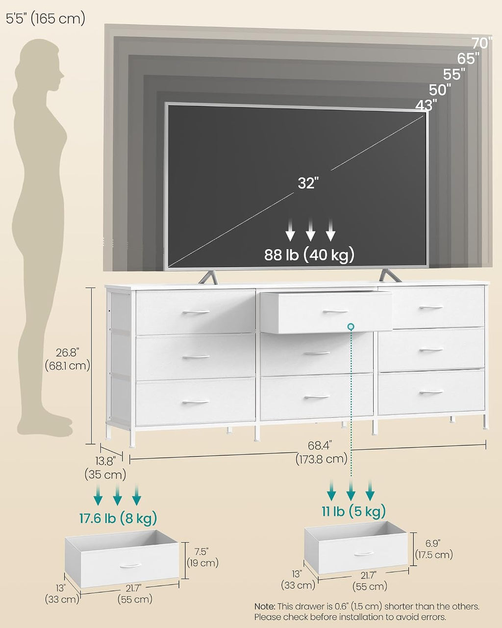 SONGMICS Dresser with 9 Fabric Drawers, TV Stand for TVs Up to 70 Inches