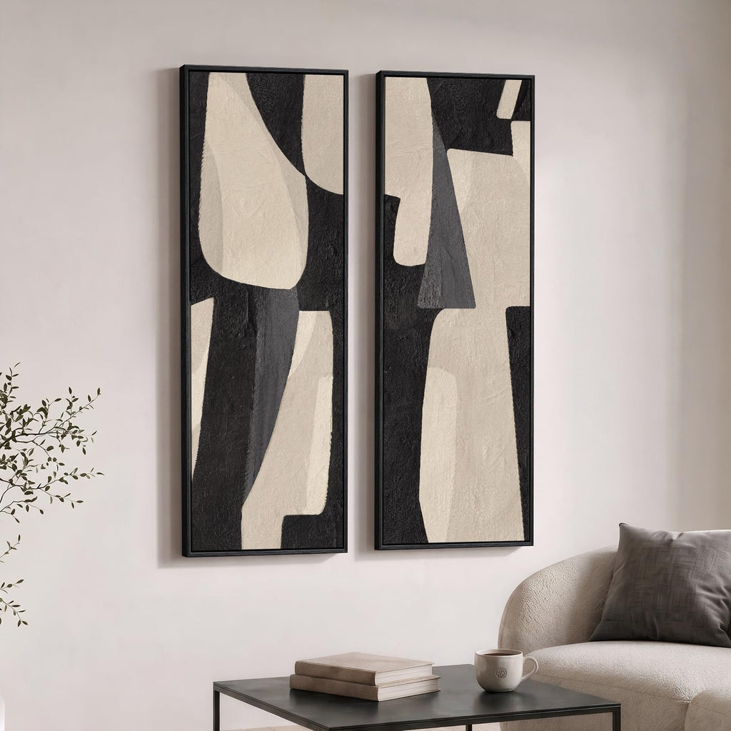 Large Framed Beige Cream Abstract Vertical Wall Art for Hallway, 2 Piece